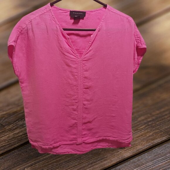Tahari Womens 100% Linen Short Sleeve Boxy Top Pop Pink Small - Picture 7 of 9